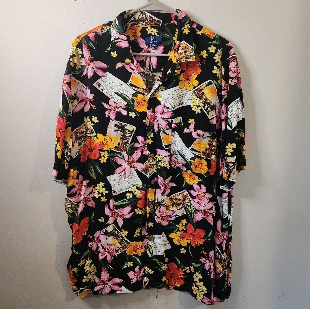 George Men’s Hawaiian Shirt, Size XL (42-44), Black Floral Beach‎ Vacation vibes